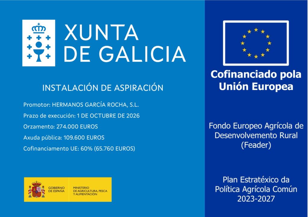 Cartel del proyecto «Instalación de aspiración», cofinanciado por la Unión Europea (FEADER)